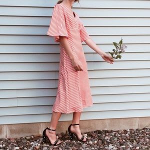 striped pleated front flutter sleeve midi dress